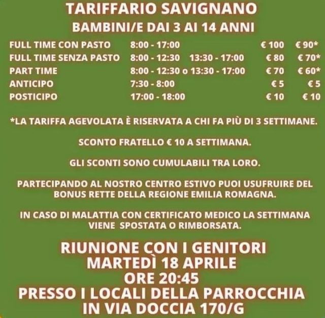 Savignano_Tariffe